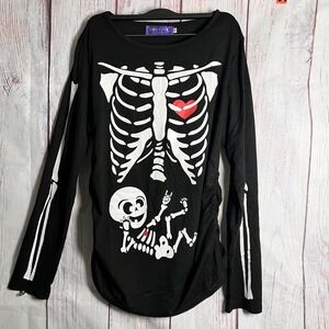 For G & PL Black Maternity Baby Skeleton Halloween Blouse Women Sz L With Gloves